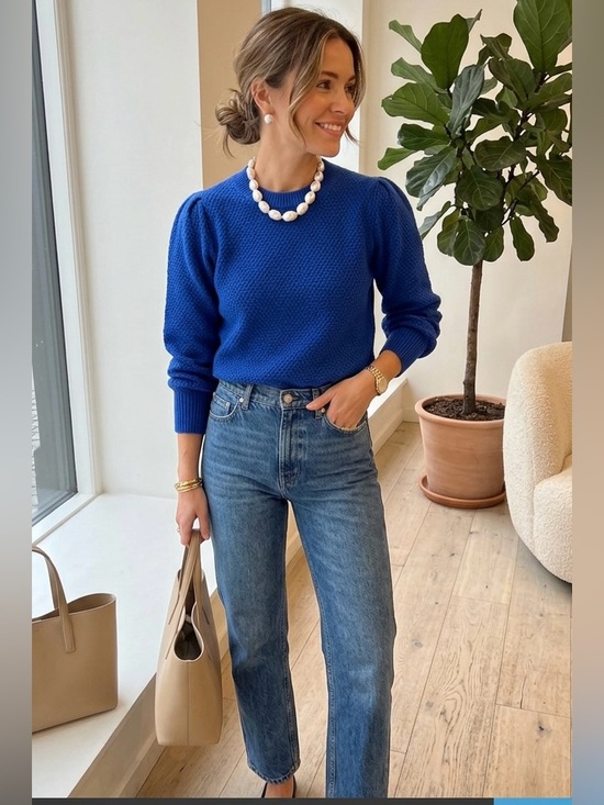 H&M Sweaters - Cobalt Royal Blue Puff Sleeve Ribbed Knit Top H&M XS Quiet Luxury